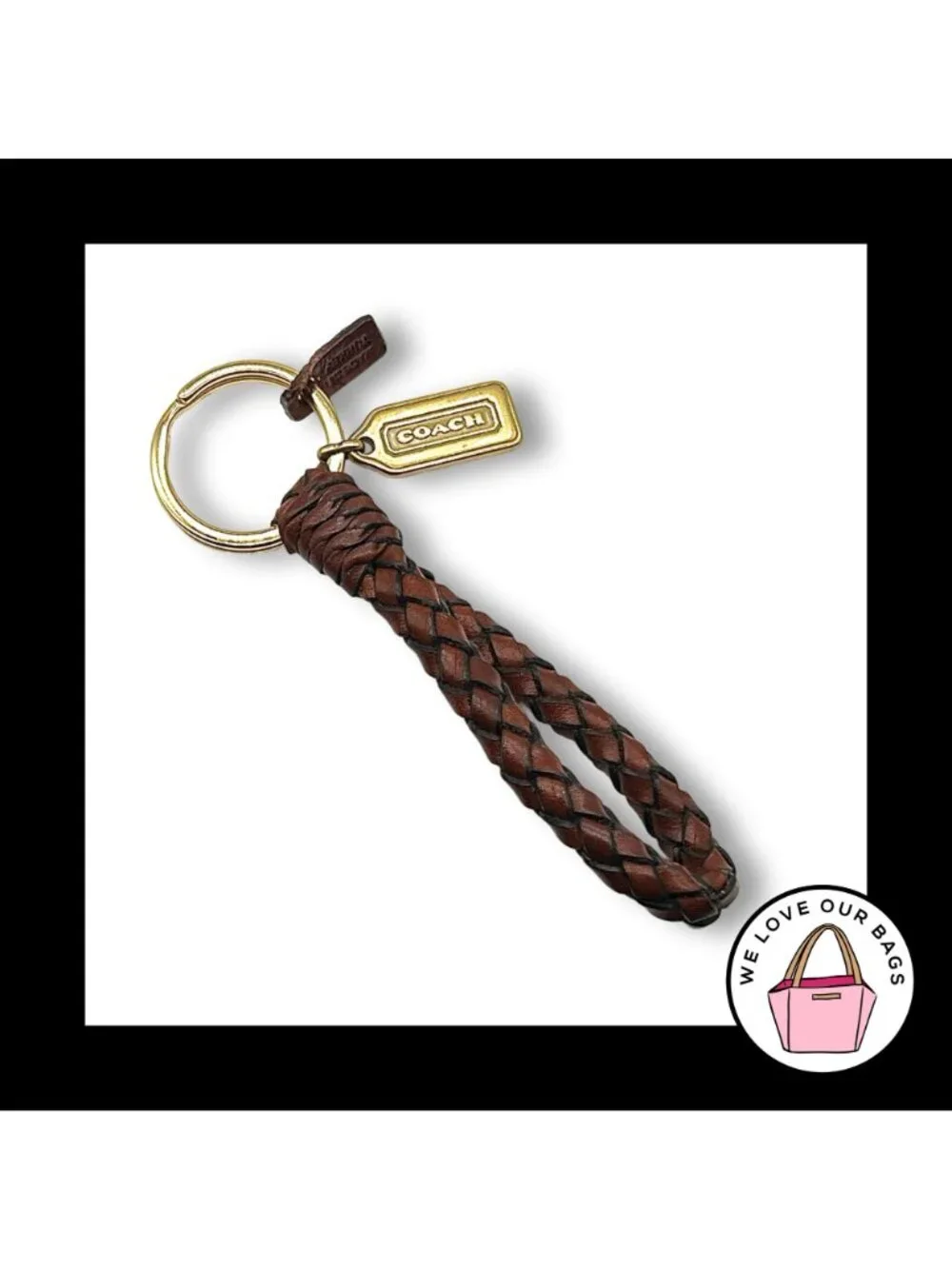 New VINTAGE COACH Braided Brown Leather Strap KeyFob Bag Charm Keychain Tag 7204 - Picture 2 of 4